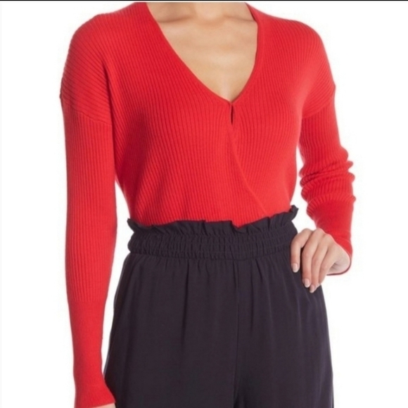 Elodie Red Faux Wrap Sweater Ribbed V-Neck Long Sleeve Sz M - Picture 1 of 12